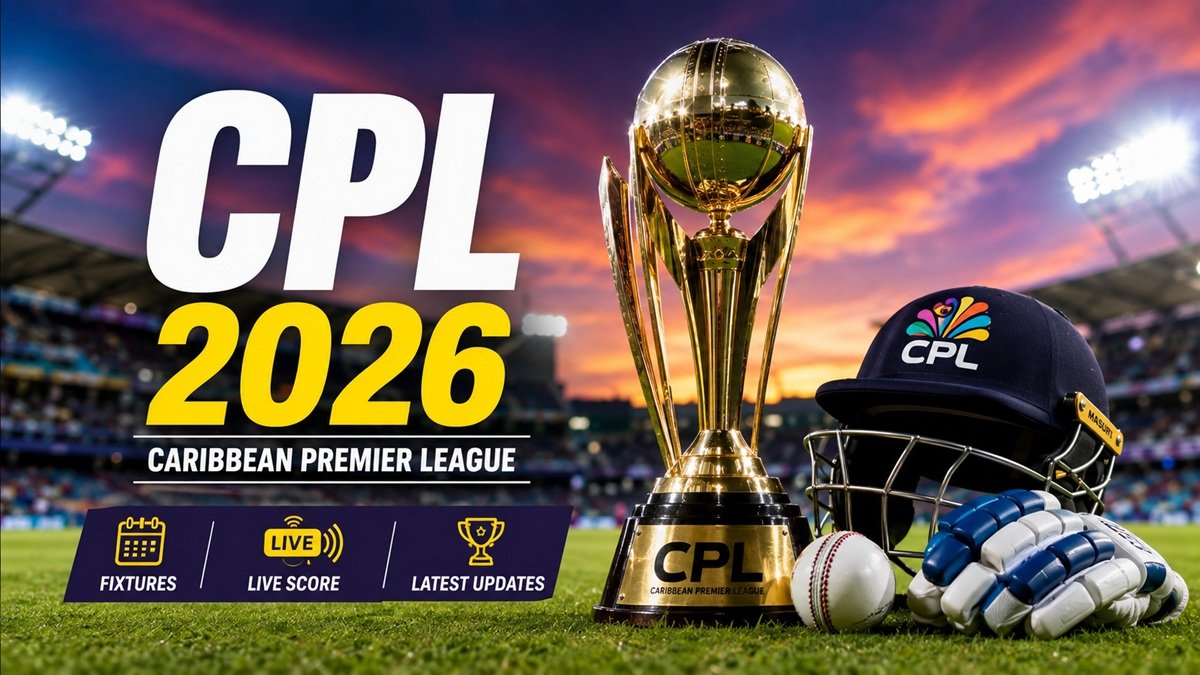 CPL 2026 Caribbean Premier League trophy and cricket gear in a stadium