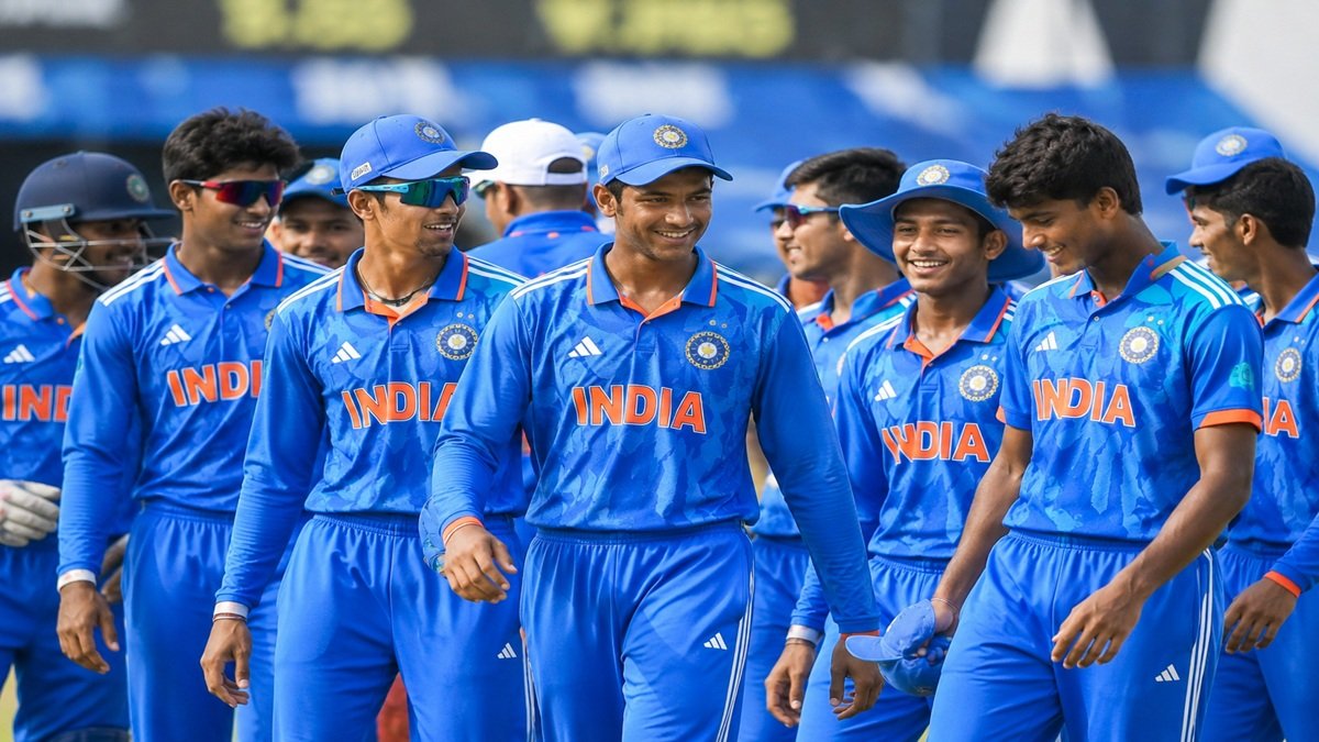 India Under 19 Squad 2026 players in blue cricket jerseys during a team gathering