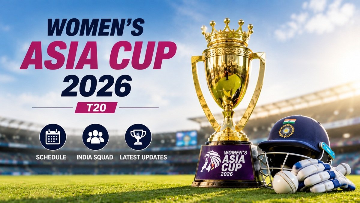 Women's Asia Cup Cricket 2026 T20 trophy and India cricket equipment in a stadium