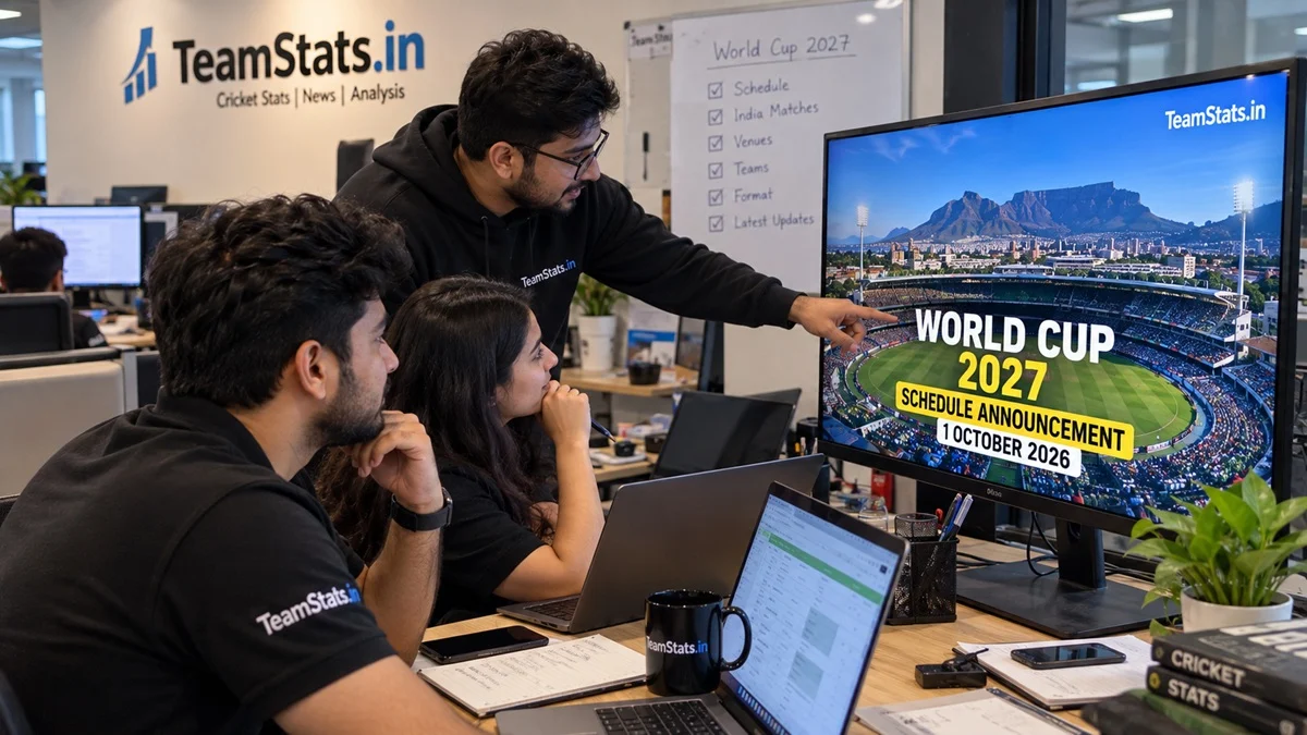 ICC World Cup 2027 schedule announcement being covered by the TeamStats.in cricket news team