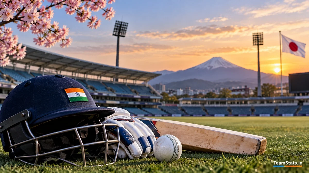 India Cricket Schedule at Asian Games 2026 with cricket bat, helmet and Japan stadium