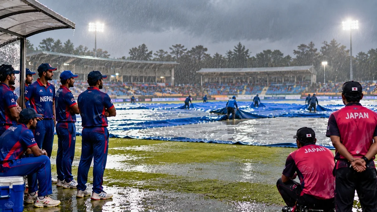 Japan vs Nepal cricket match affected by rain with ground covers during Asian Games 2026