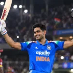 Shubman Gill celebrates his century after scoring 110 against West Indies