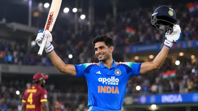 Shubman Gill celebrates his century after scoring 110 against West Indies