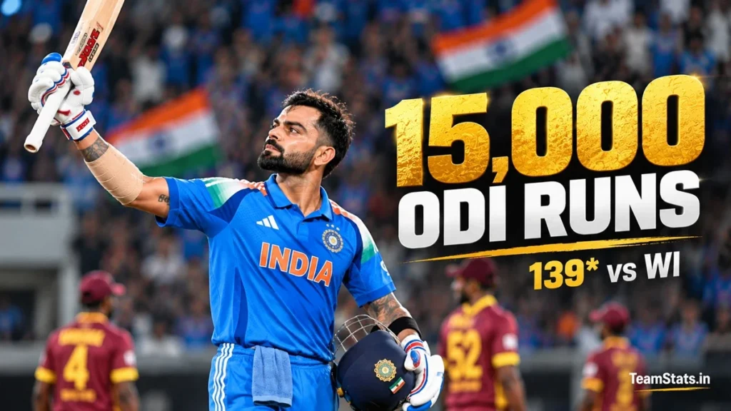 Virat Kohli 15000 ODI Runs – 139* vs West Indies, Virat Kohli celebrates 15000 ODI runs after scoring 139 not out against West Indies
