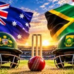 Australia national cricket team vs South Africa national cricket team stats with cricket helmets, flags and stumps