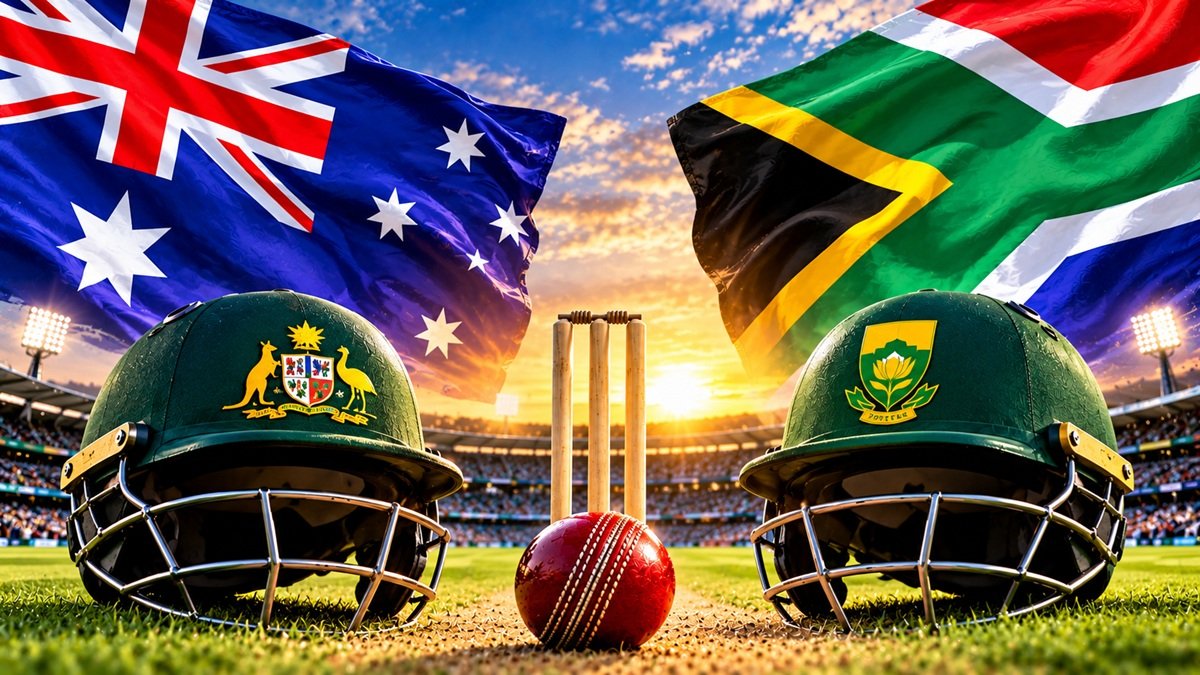 Australia national cricket team vs South Africa national cricket team stats with cricket helmets, flags and stumps