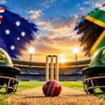 Australia national cricket team vs South Africa national cricket team timeline featuring cricket helmets, stumps and both teams' flags