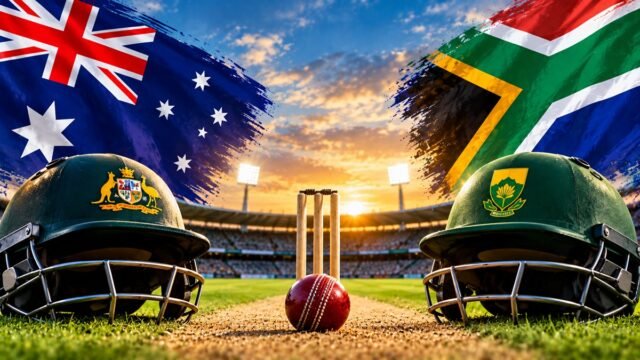 Australia national cricket team vs South Africa national cricket team timeline featuring cricket helmets, stumps and both teams' flags