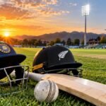 India vs New Zealand cricket match prediction with cricket equipment on the stadium field