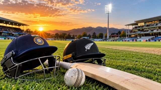 India vs New Zealand cricket match prediction with cricket equipment on the stadium field
