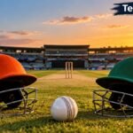 Northern Cape vs South Western Districts match prediction featuring cricket helmets, ball and stadium.