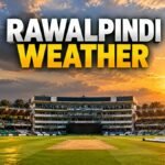 Rawalpindi Cricket Stadium weather forecast with cloudy evening sky and floodlights