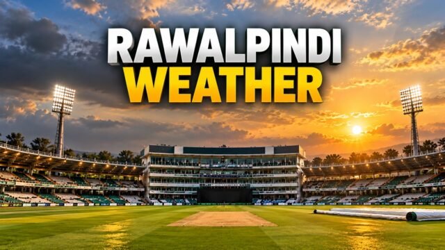 Rawalpindi Cricket Stadium weather forecast with cloudy evening sky and floodlights