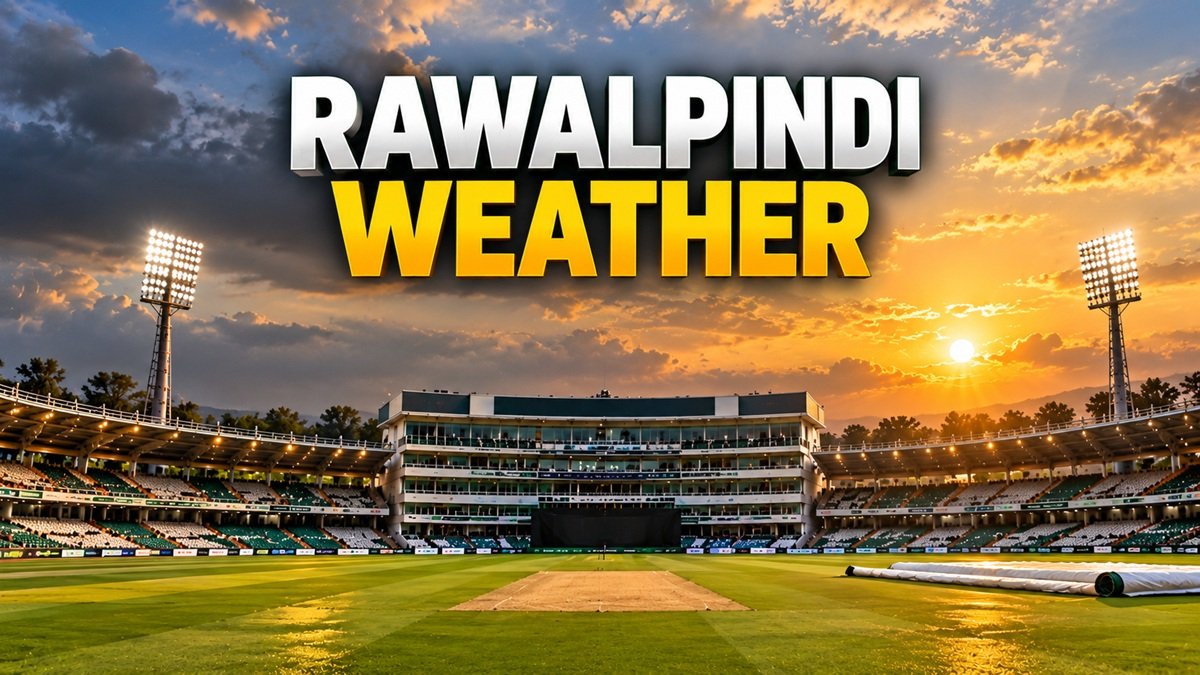 Rawalpindi Cricket Stadium weather forecast with cloudy evening sky and floodlights