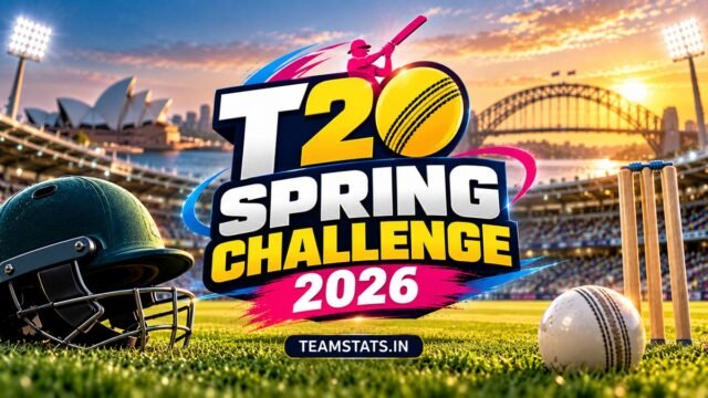Women’s T20 Spring Challenge 2026 women's cricket tournament featured image with cricket helmet, ball and stumps at a stadium. Copy alt text